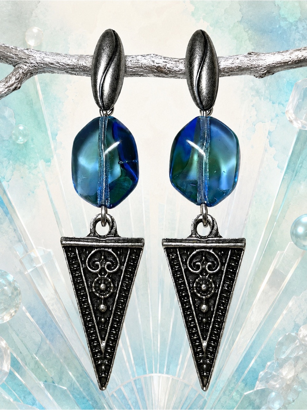 Blue Green Glass Geometric Triangle Post Earrings, Artisan Statement